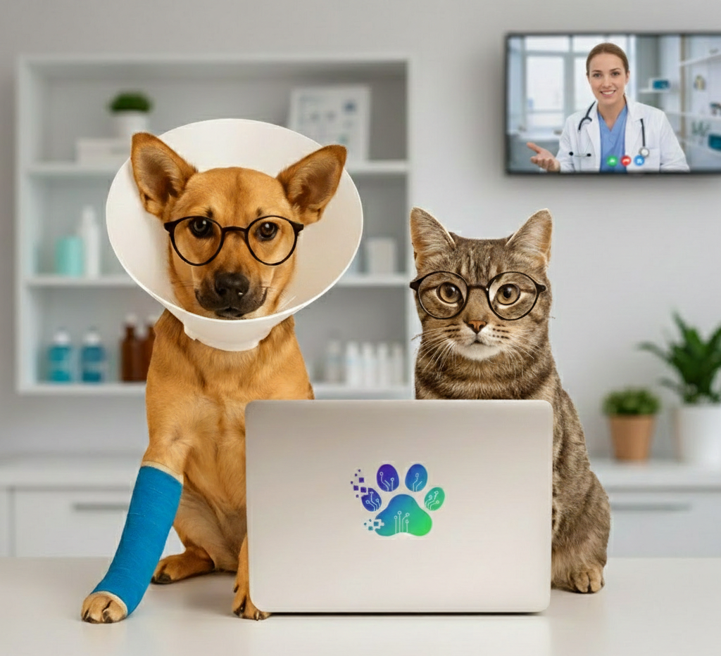 Perro y gato con gafas en consulta veterinaria online